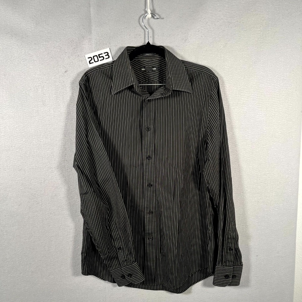 Express Design Studio Dress Shirt Mens S 14-14.5 Black Striped Cotton Modern Fit